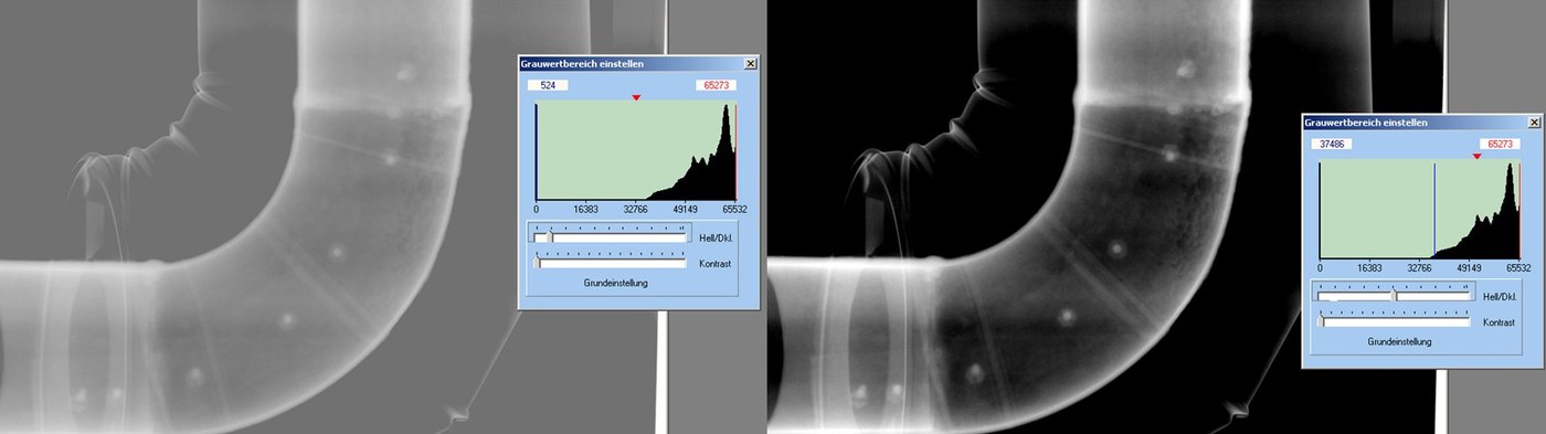 Digitale Radiographie: Grauwertvergleich einer Rohrleitung mit unterschiedlicher Belichtung